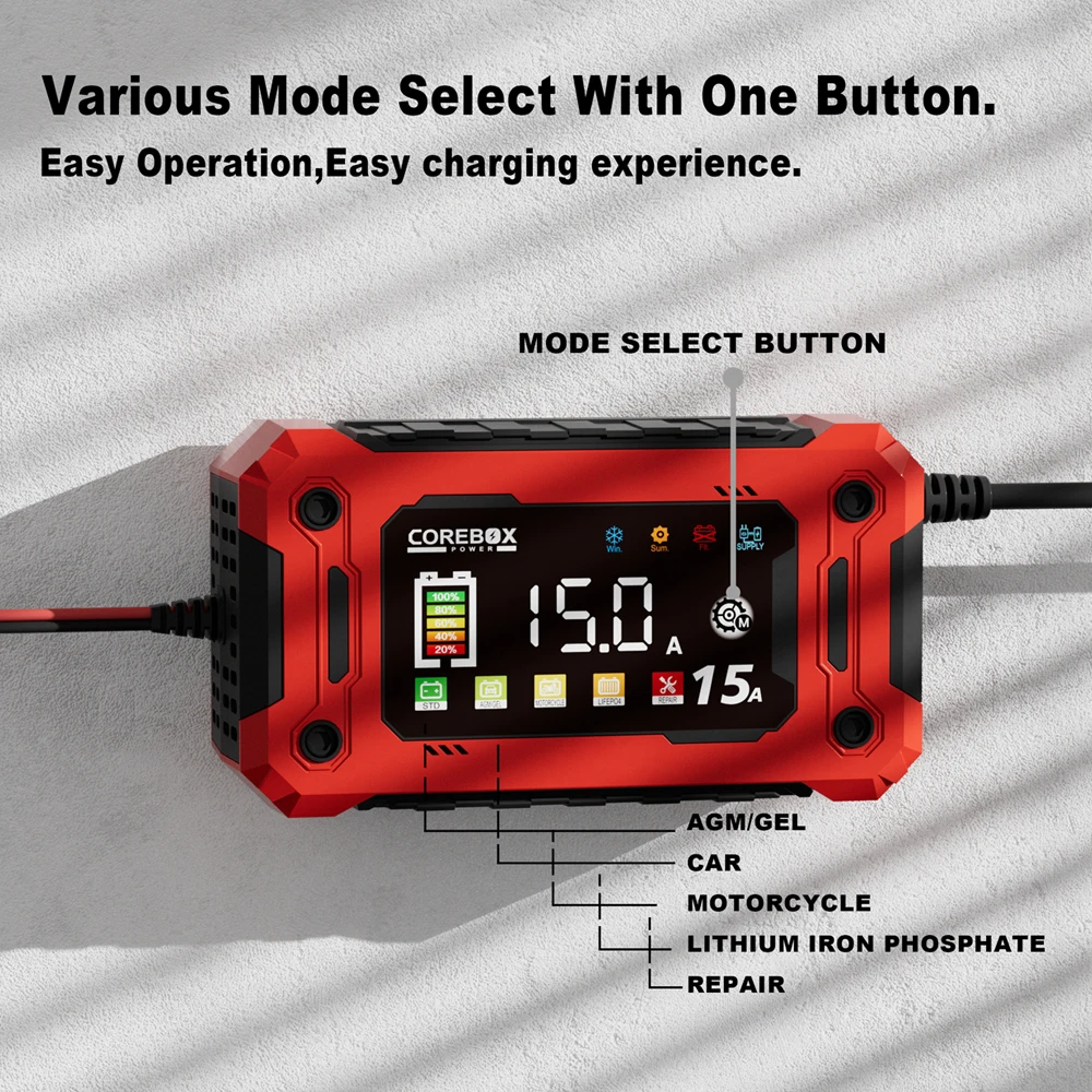 12V 15A 8A Smart Battery Charger For Car Moto LiFePO4 Lead Acid AGM GEL LED Digital Touch Screen Lithium iron Battery Chargers