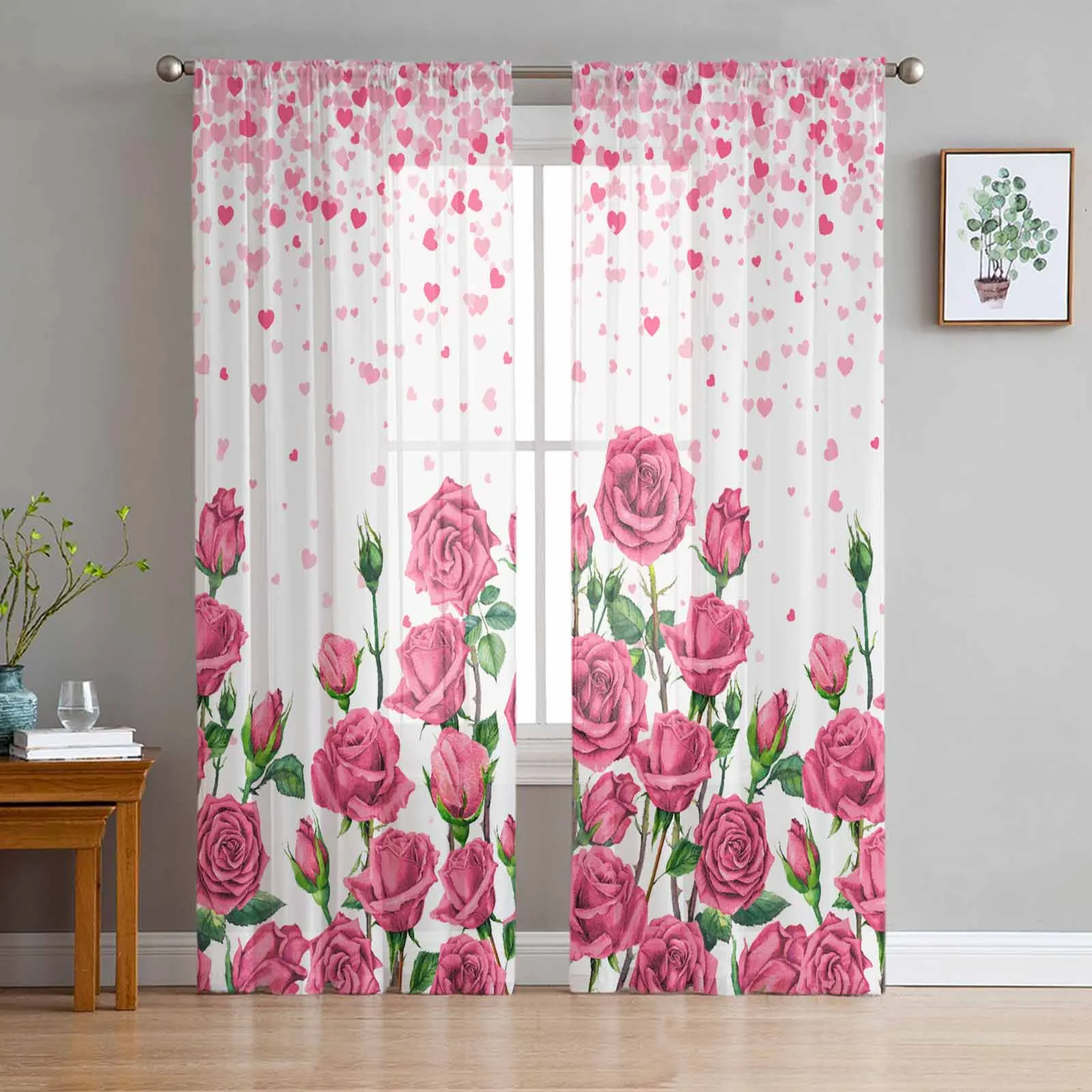 

Valentine'S Day Love Pendant Pink Rose Flower Sheer Curtains Living Room Decoration Window Curtain Kitchen Tulle Voile Drapes