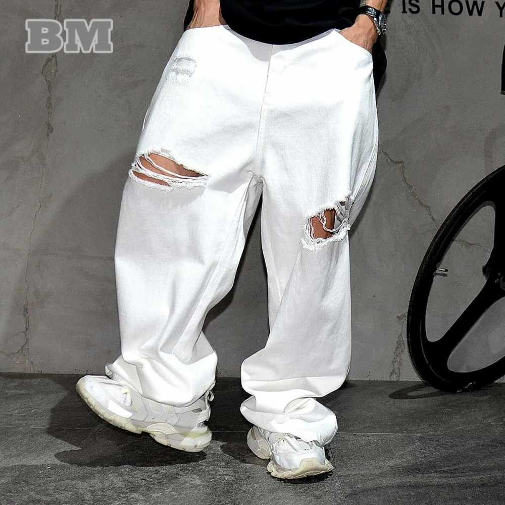 High Quality White Ripped Baggy Jeans Men'S Clothing Korean