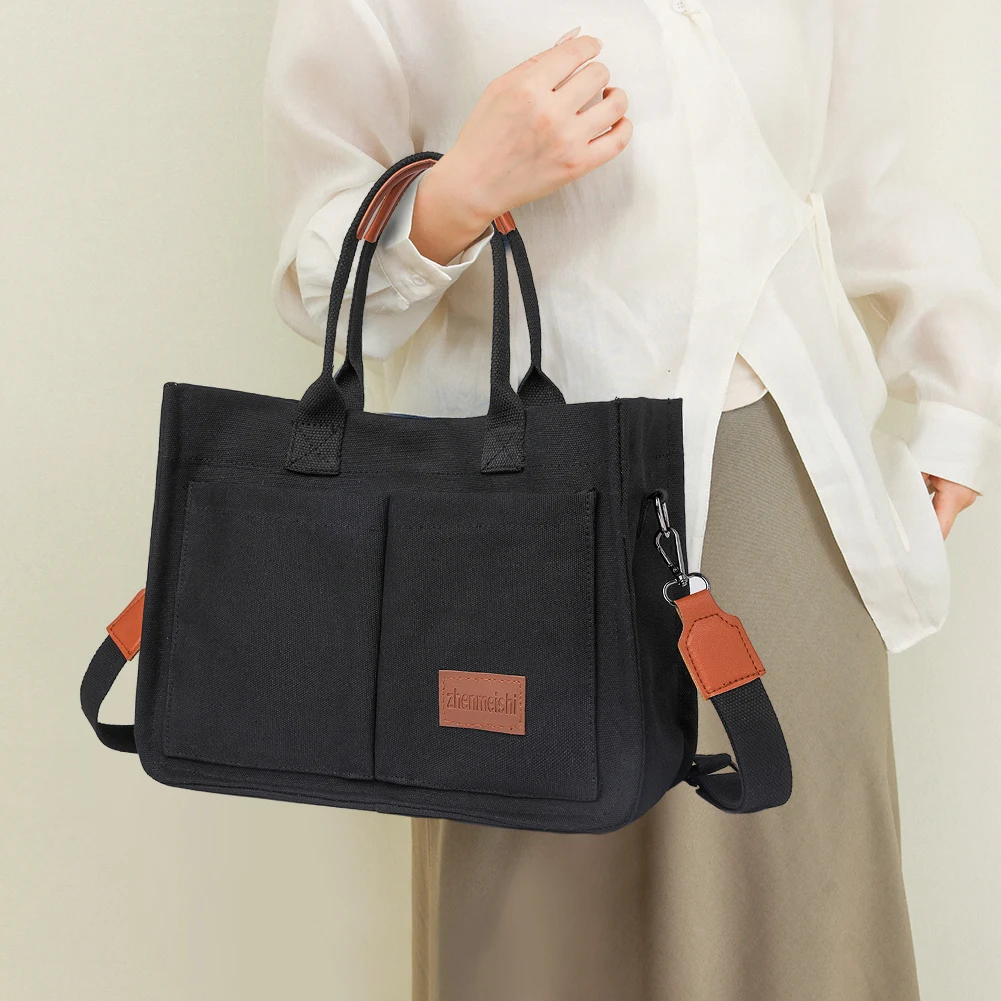 

Women Retro Top Handle Bag Large Capacity Canvas Stylish Crossbody Bag Adjustable Strap Multi Pockets Square Commuting Bag
