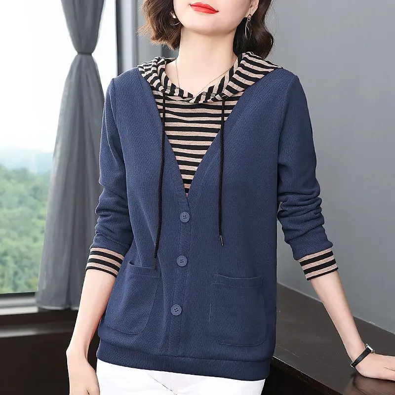 Fake Two Pieces Hooded Sweatshirts Female Clothing Casual Drawstring Spring Autumn Fashion Solid Color Striped Spliced Pullovers