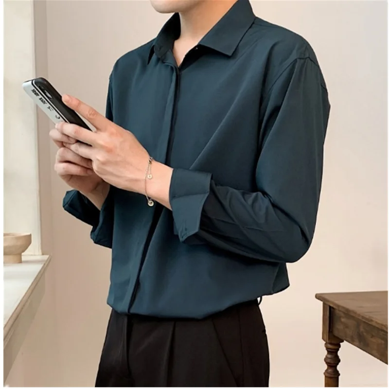 Korean Fashion New Drape Shirts for Men Solid Color Long Sleeve Ice Silk Smart Casual Comfortable Button Up Shirt A0011