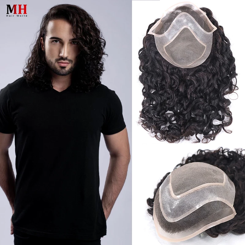 Black Long Men Toupee Human Hair Men's Wig 12" 14" 16" 18" Wave Hairpieces Mono Lace PU 8X10 Base Replacement Syetem Can Custom