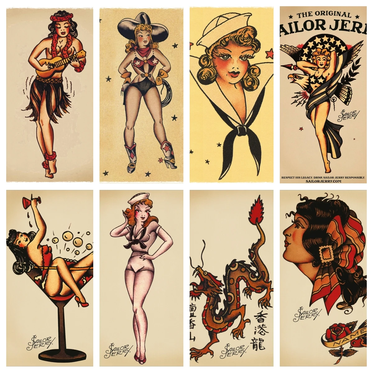 Sailor Jerry 原画 Vintage Sailor Jerry Style Tattoo Photo Picture Poster Collection