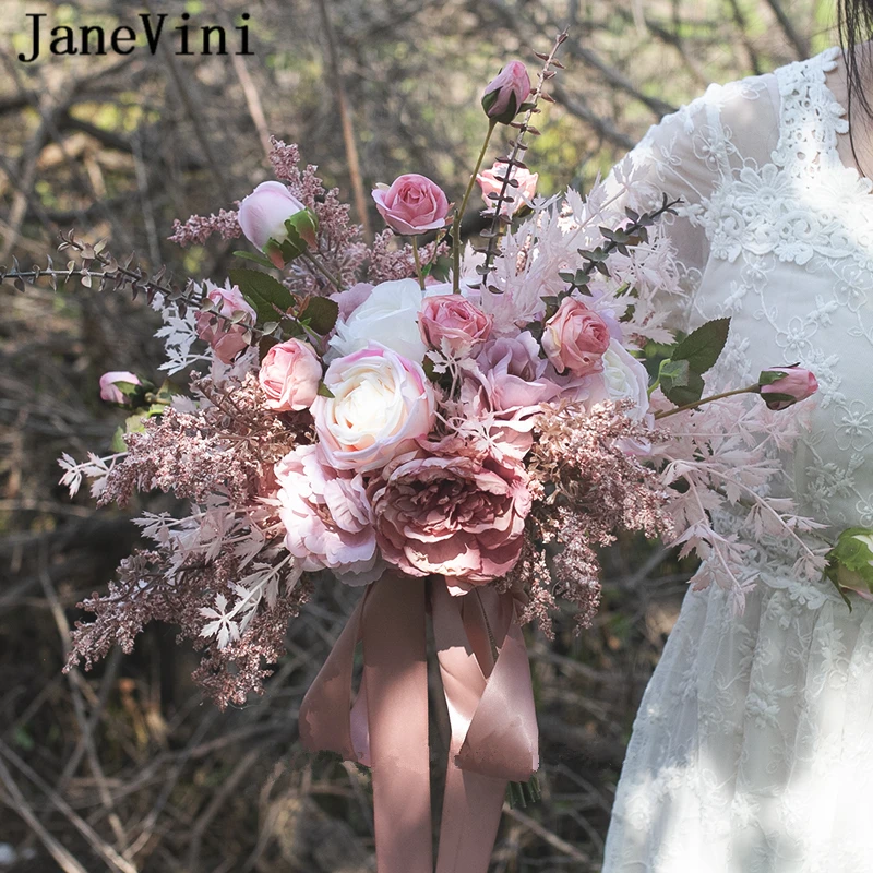 

JaneVini 2023 Romantic Pink Silk Flowers Large Bridal Bouquets Artificial Roses Hydrangea Korean Style Wedding Bouquet for Bride