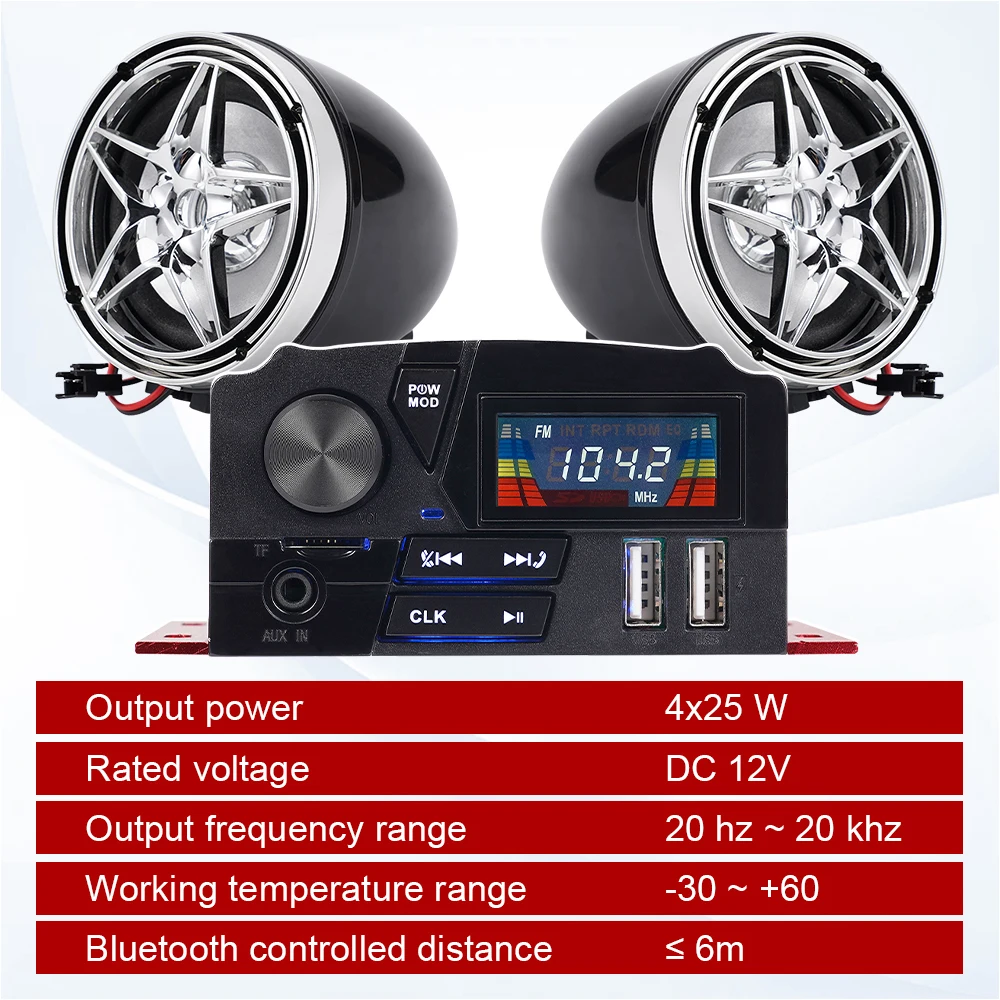 1세트 12V 오토바이 블루투스 오디오 시스템 4채널 100W LCD 화면 앱 원격 FM 라디오 USB AUX 핸즈프리 도난 방지 2 스피커