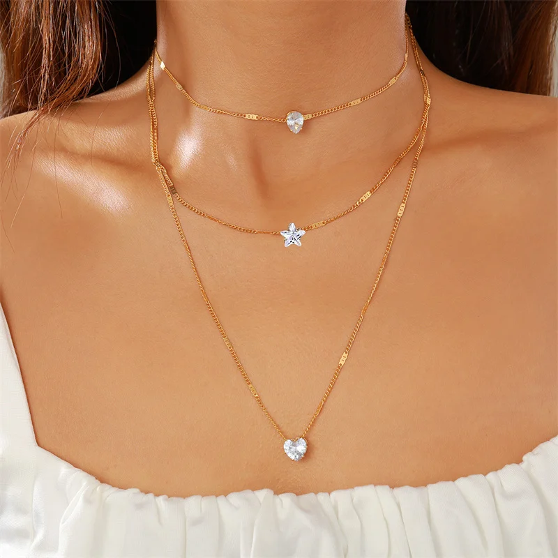 

Vintage Crystal Geometry Multilayer Pendant Necklace For Women Gold Color Clavicle Chain Jewelry New Accessories