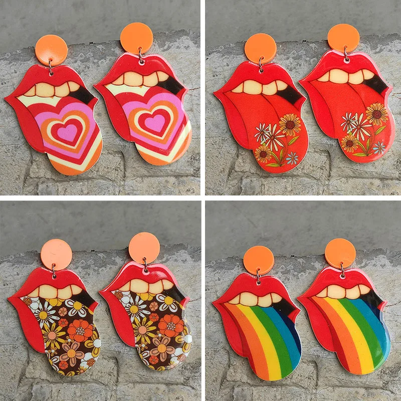 

Colorful Punk Lips Earrings Fashion Rainbow Heart Flower Print Acrylic Tongue American Exaggerated Earrings Wholesale