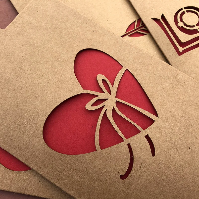 Retro Kraft Paper Cards with envelope Hollowed Love Greeting Thank You Card 1Pc Wedding Birthday Party Supplies Decor Invitation