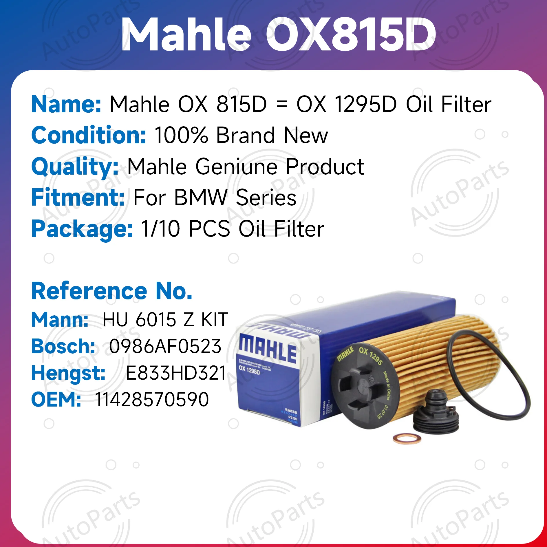 Mahle OX815D OX1295D Oil Filter for BMW 520i 525i 530i 320i 325i X3 X4 X5-OE Equivalent Part Number 11428570590