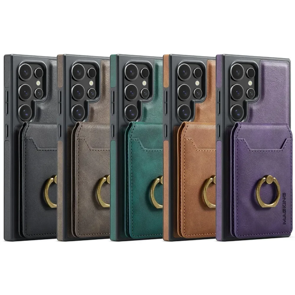 Detachable Magnetic Leather Wallet with Card Holder and Ring Cover