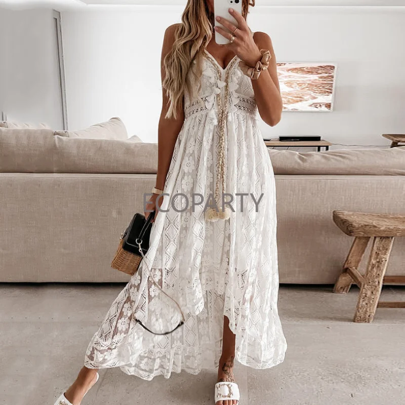 

New Long Dress Women Boho Lace Maxi Dress Summer Beach Holiday White Ladies Retro Sexy V Neck Spaghetti Strap Casual Sundress