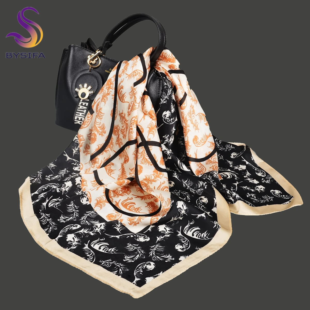 BYSIFA Letters Silk Scarf Shawl Spring Fall Fashion Square Coffee Orange Scarves Foulard Winter Women Headscarves Accessories 4