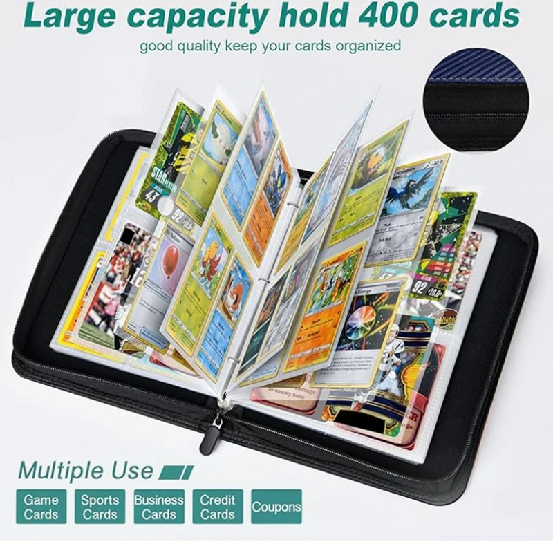 4 포켓 지퍼 카드 바인더, 400 트레이딩 카드 홀더 책, 프리미엄 PU 커버 지퍼 바인더, 내구성이 뛰어난 측면 로딩 카드 폴더 앨범