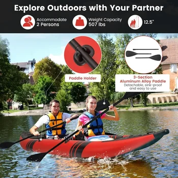 12.5Ft 507lbs Tandem Kayak with 2 Aluminum Paddles,  Inflatable Kayak, 2 Padded Seats, Footrests, 2 Fins, Hand Pump 2