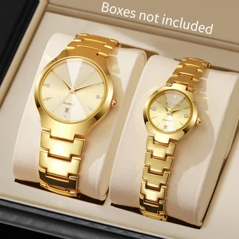 2PCS Fashion Couple Watches Set Luxury Steel Band Men Calendar Watch Women Quartz Wristwatch Clock Gift (Without Box)