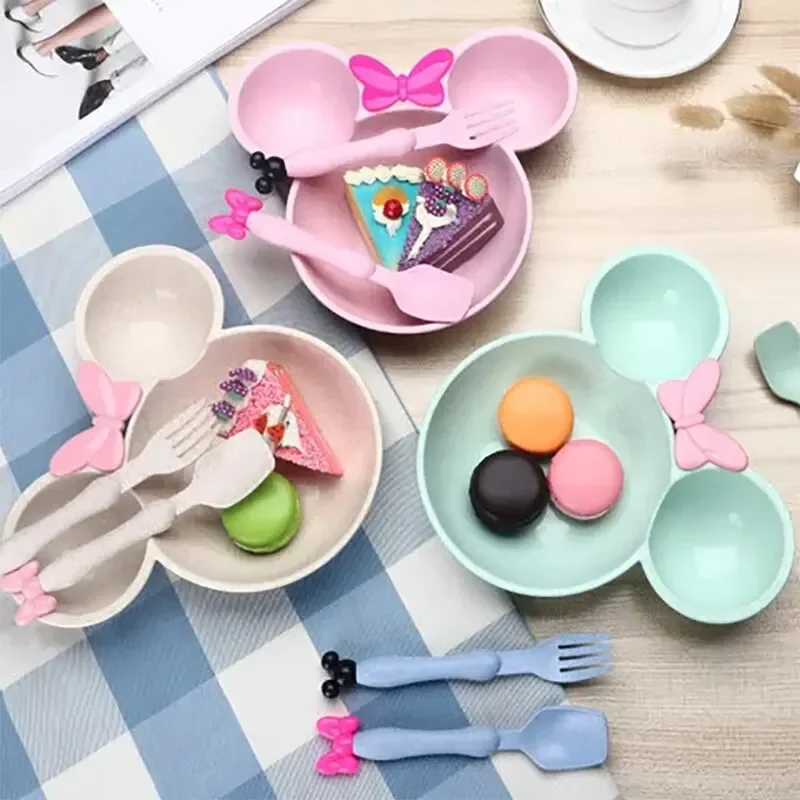 Tableware Set 3Pcs/set Cartoon Baby Bowl Tableware Set Wheat Straw Children's Dishes Kids Dinner Feeding Plate Bowknot Food Plate Spoon Fork