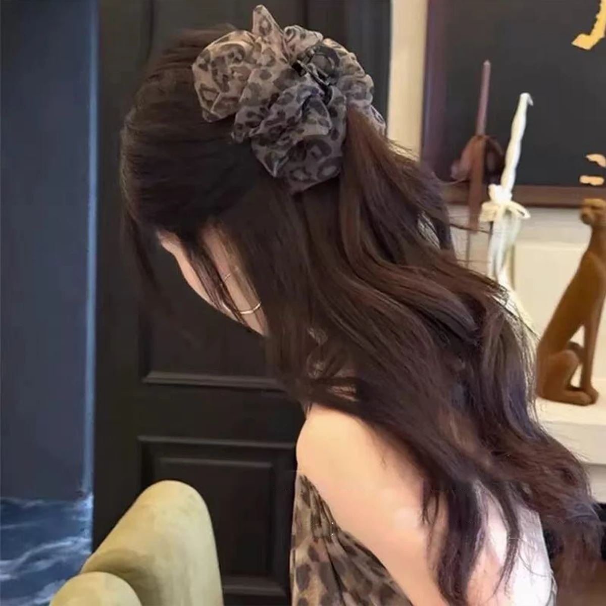 Retro leopárdmintás géz hajcsat elegáns kontyhoz női hajkiegészítő_voghion.com