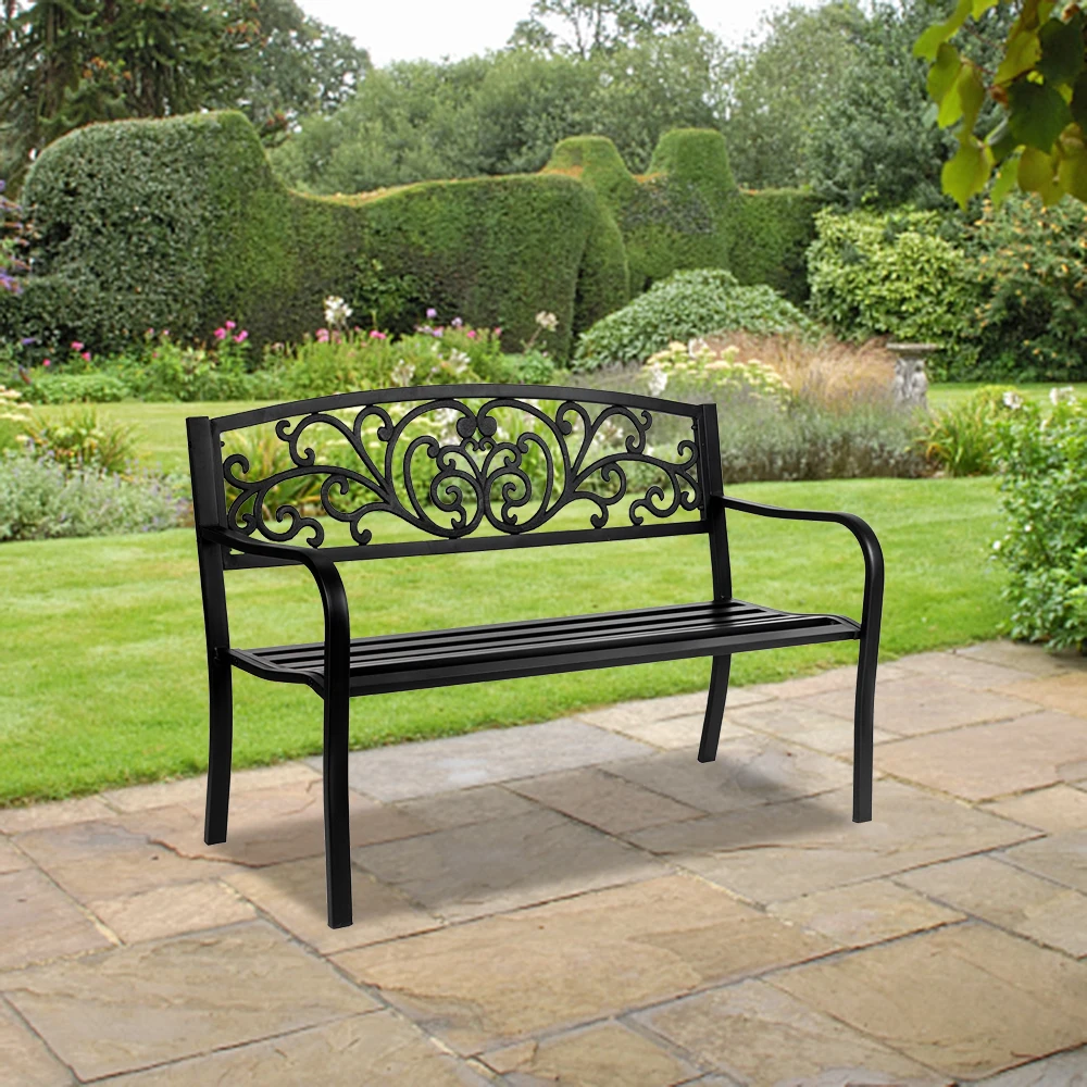 

Costway 50'' Patio Park Garden Bench Porch Chair Steel Frame Cast Iron Courtyard Backrest Chair Black