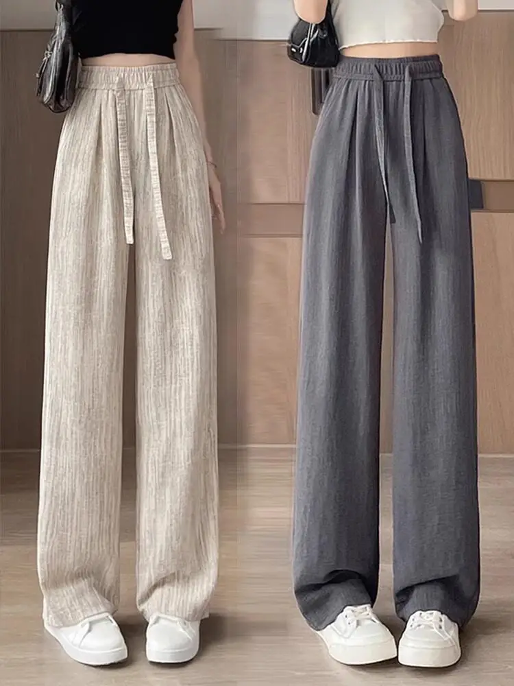 Women's High Waist Wide Leg Pants 2026 Summer Ice Silk Linen Loose Fit Flowy Straight Leg Casual Trousers Women Pants Sweatpants_ecoleips.com