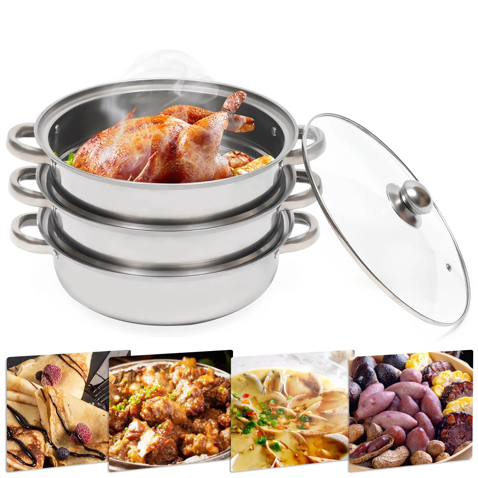 Stainless Steel 3 Tier Steamer Cooker Veg Pot Set Pan Cook Food Glass Lids 28CM