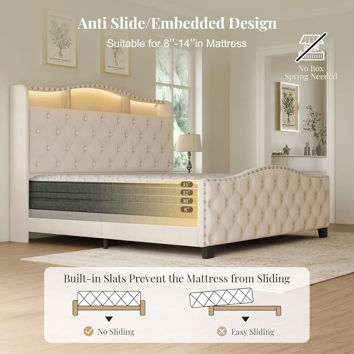 50.9" Velvet Upholstered Wingback Bedframe with LED Lights & Storage/Charging Station, Button Tufted Tall Footboard