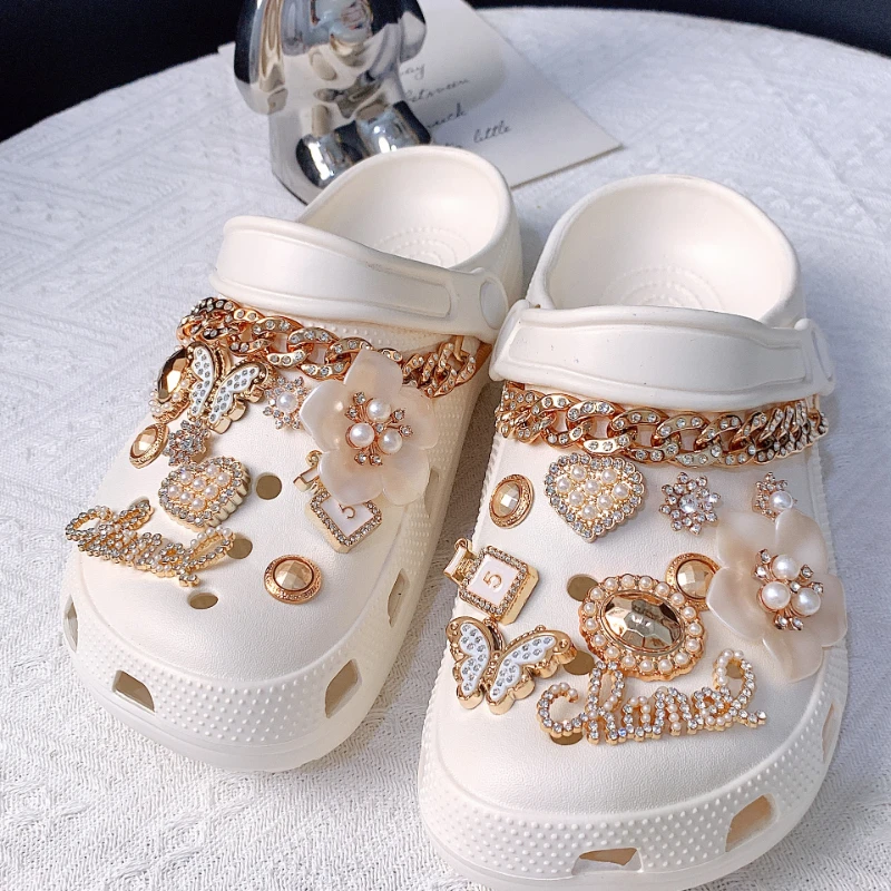Shoe Charms for Crocs DIY Diamond Pearl Chain Gemstone Decoration Buckle for Croc Shoe Charm Accessories Kids Party Girls Gift