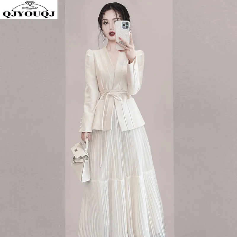 Temperament Goddess Style Mesh Dress 2024 Spring/Summer New Women's Fashionable and Fashionable Celebrity Dress Two Piece Set 2023 spring and summer fashion slim thin mesh hollowed jacquard casual commuting simple temperament three quarter sleeve blazer