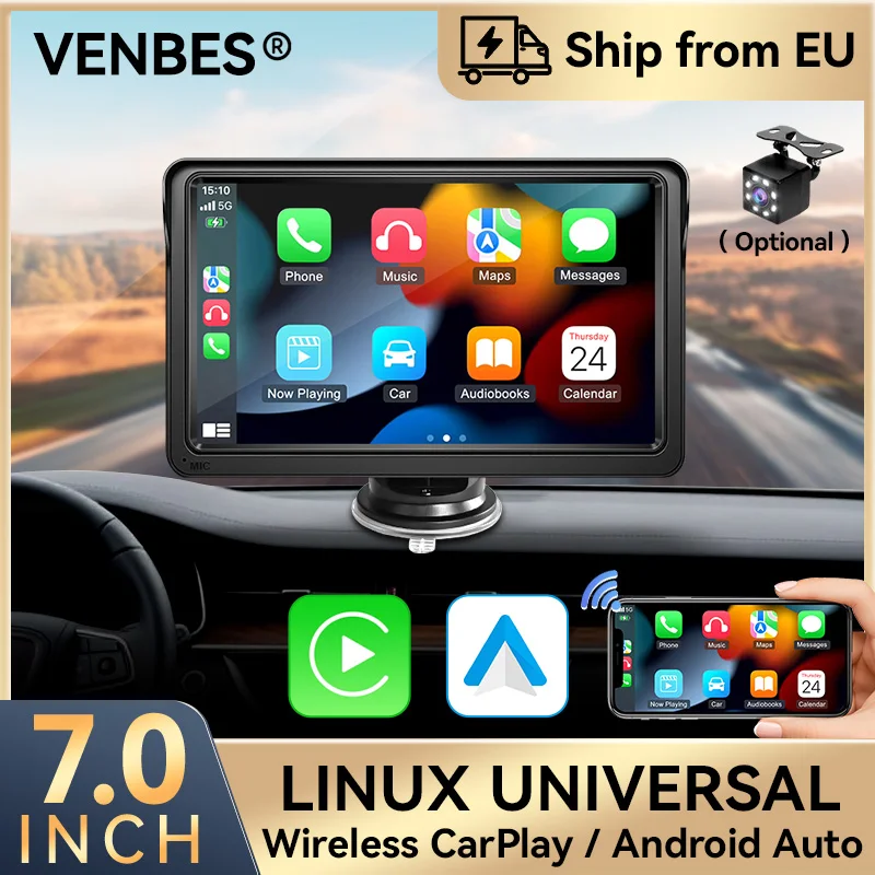 VENBES 7 "autoradio Carplay et Android Auto Portable Mirrorlink écran tactile caméra de recul AUX USB type-c 1