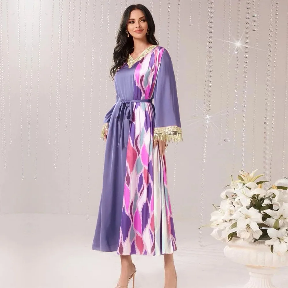 

African Dresses For Women Purple Elegant Muslim Abayas Robe Dashiki Ankara Diamonds Outfits Evening Gown Kaftan Maxi Dress