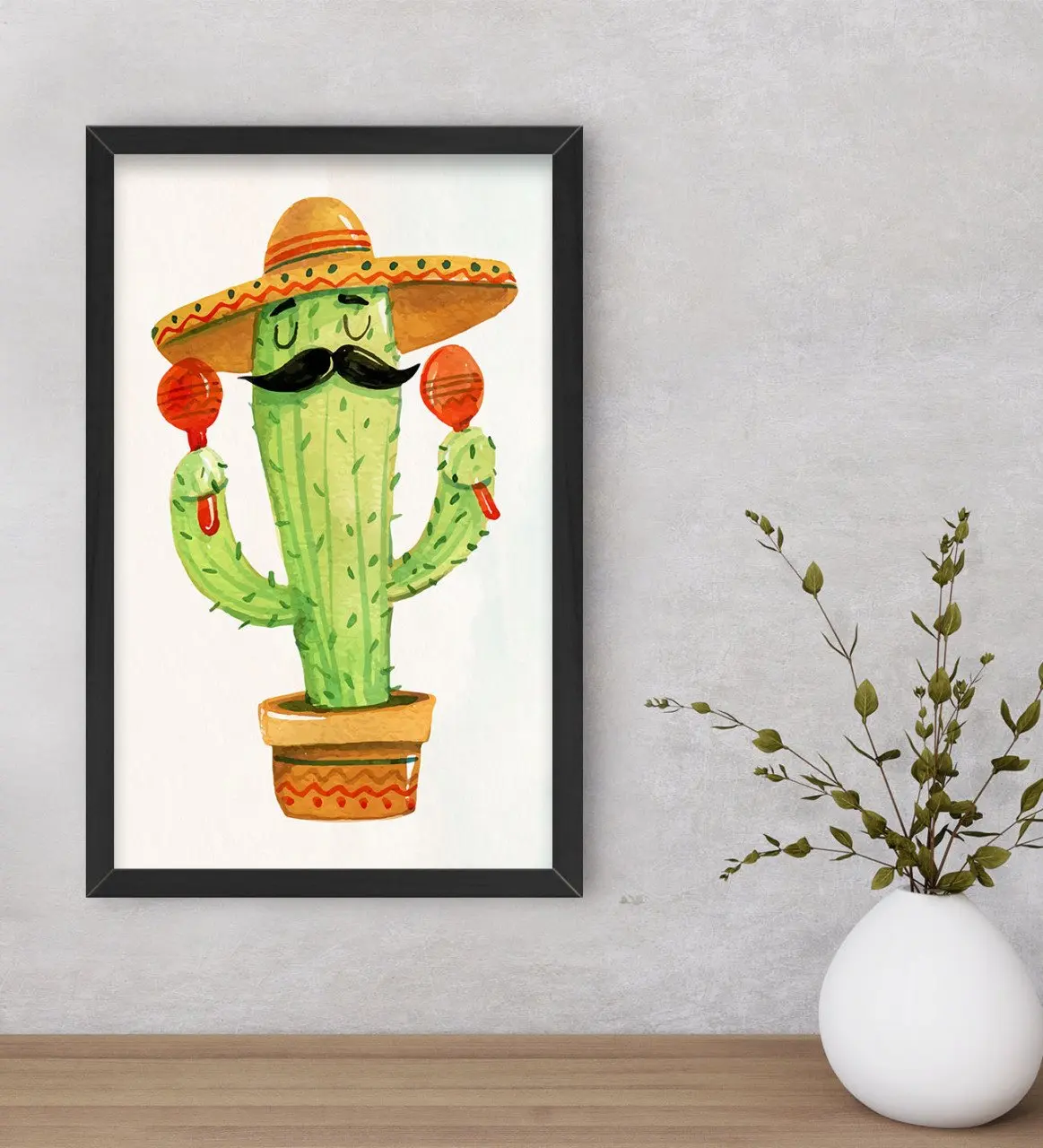 BK Gift Cactus Design Decorative Wood Black Framed Tablo-11 | Дом и сад