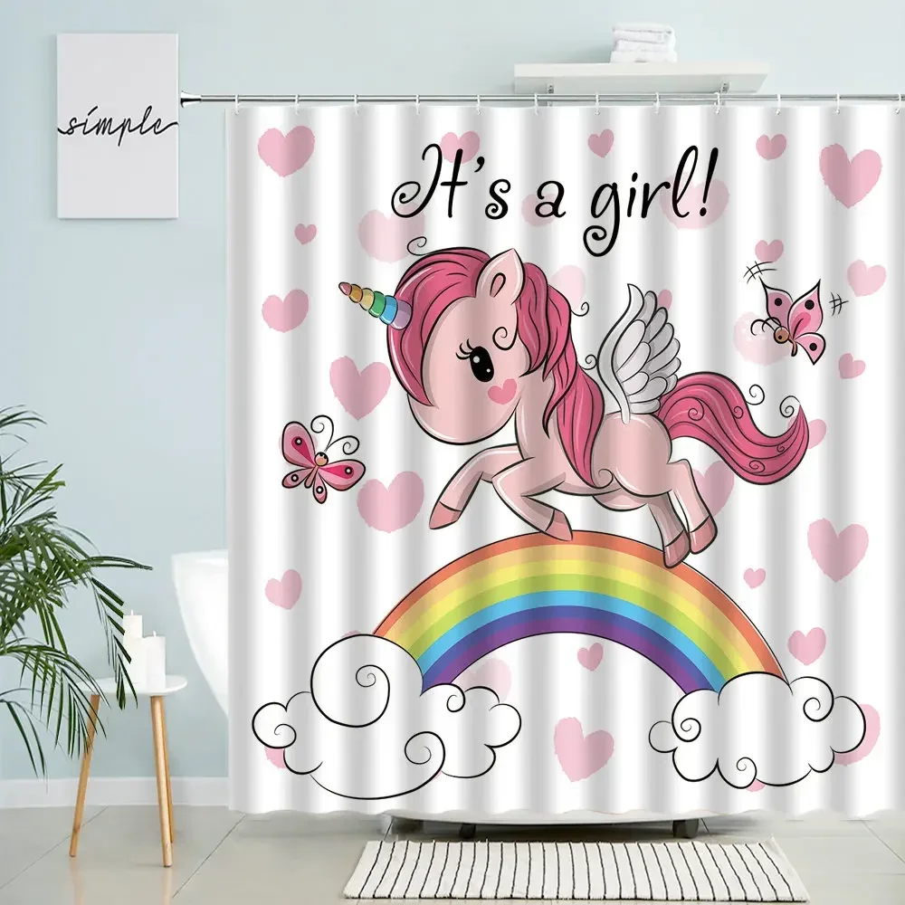 

Мультяшная розовая душевая занавеска в виде единорога для девочек и детей, милые животные, бабочки, радуга, любовь, искусственное украшение для дома