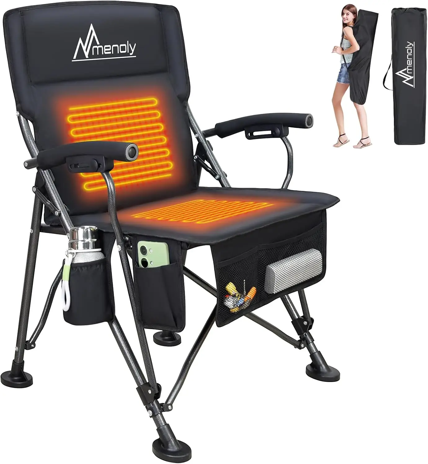 Heated Camping Chair, Portable Heated Folding Chair, Seat and Back Chair with Cup Holder, 4 Large Pockets for Outd