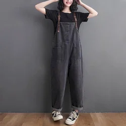 Black Denim Jumpsuits for Women Korean Style Solid Playsuit Wide Leg Pants Loose Trousers Oversized Overalls for Women Clothes