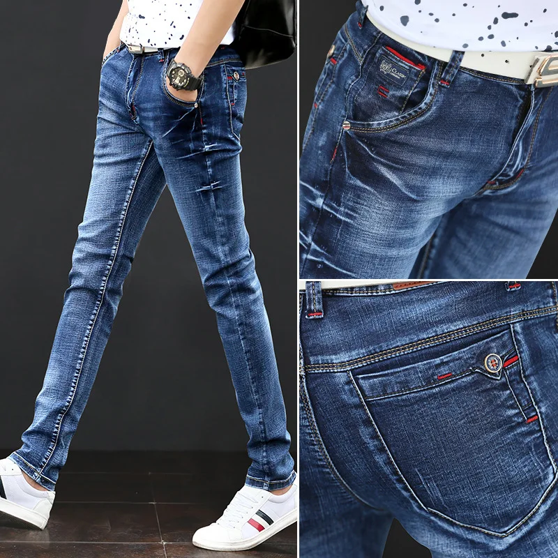 

Fashion Spring Casual Men Jeans High-end Elastic Pencil Trousers Slim Multiple Pockets Straight Tube Denim Pants
