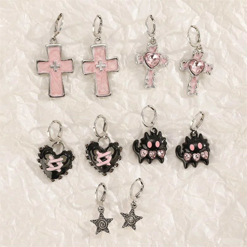 Goth Vintage süße Schleife rosa Erdbeere Herz Stern Anhänger Ohrringe Egirl Gothic 2000er Jahre Y2K EMO Rave Schmuck Szene Zubehör