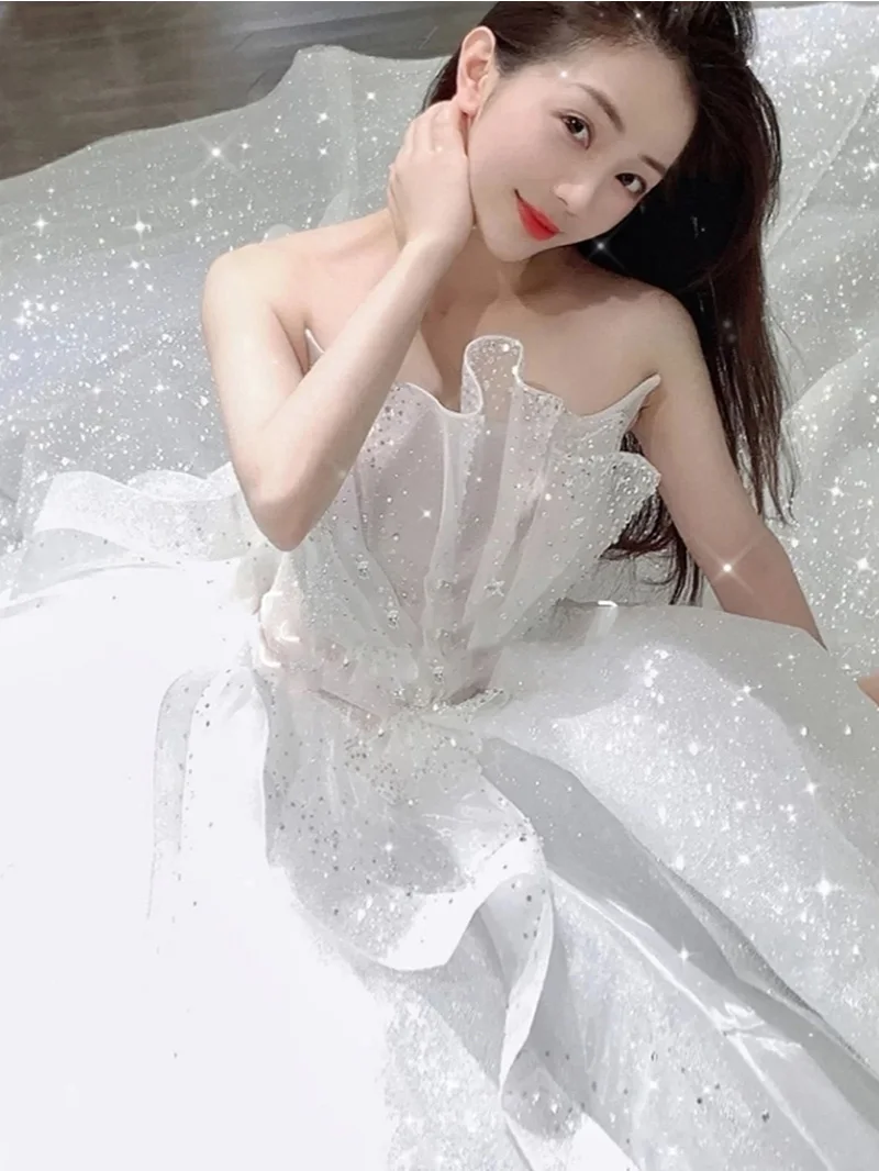 Fashionable hot White All Cover Glitter Tulle Bride Gown Metallic DIY Dress Stage Wedding Decoration Party Dancewear Dress