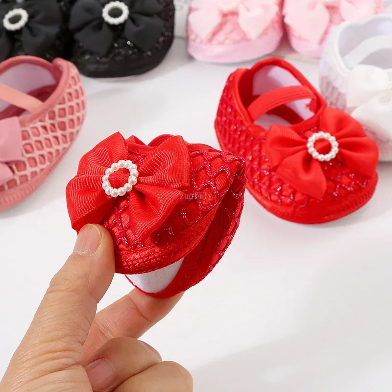New 0-18M Birthday Infant Newborn Baby Girls Baptism Solid Shoes Bowknot Pearl Princess Soft Sole Shoes First Walkers + Hairband 5