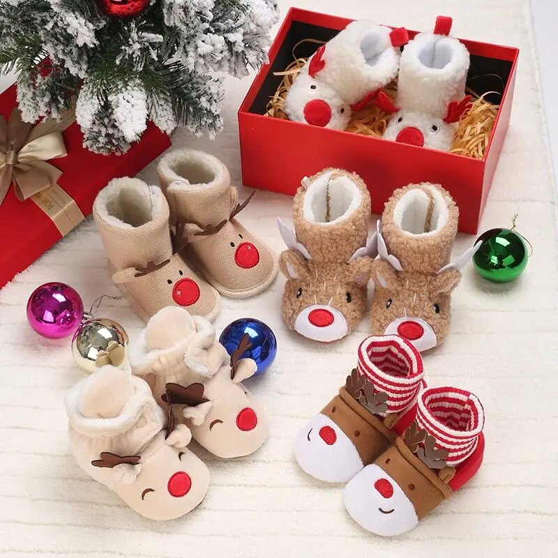 Cute Cartoon Christmas Warm Baby Walking Shoes Winter Boys And Girls Shoes 0-18 Months Deer Role-Playing Baby Soft Shoes 1