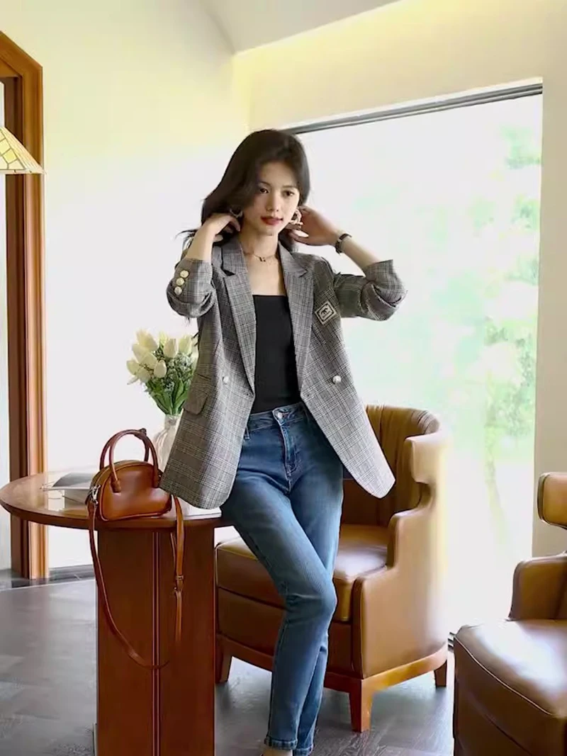 Vintage plaid small suit jacket for women Women's jacket women's blazers blazer for women coat 2023 spring and autumn new high-g