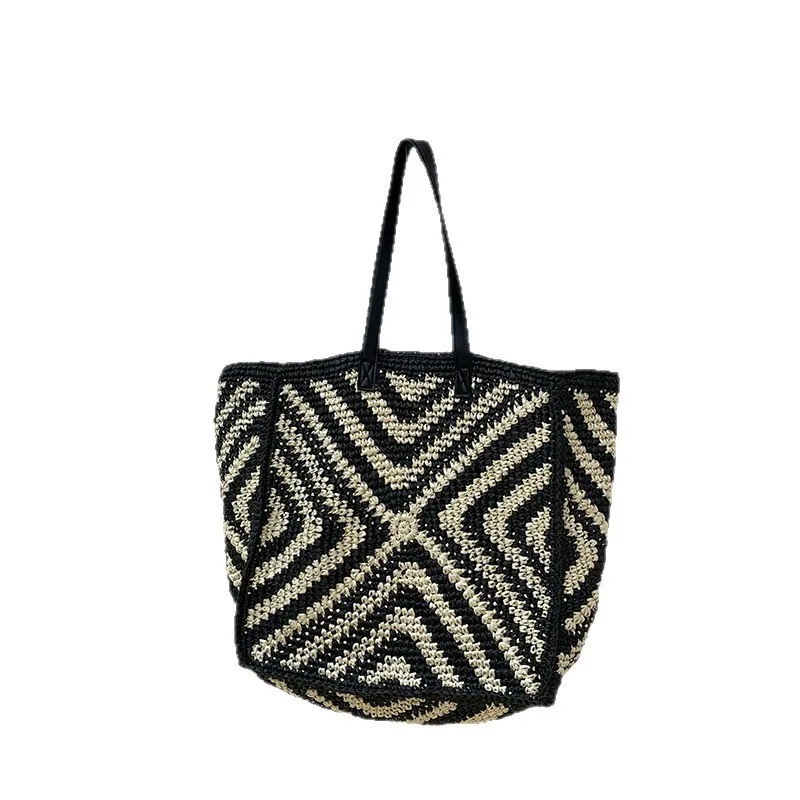 Designer Women Summer Holiday Straw Bag Vintage Summer Bucket Shoulder Bags pu Leather Spliced Beach Bag Casual Totes Handbag