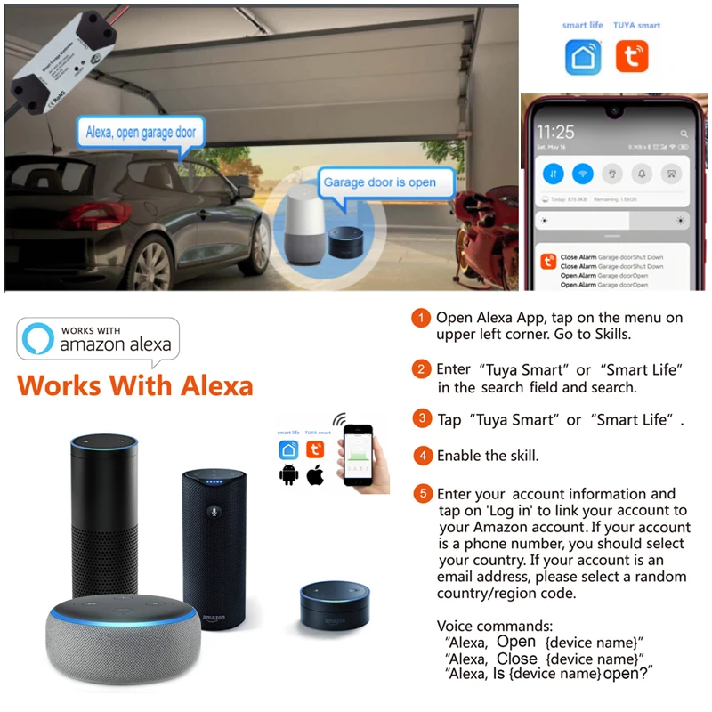 Garage Door Opener WiFi Smart Controller Work With Alexa Echo Google Home SmartLife/Tuya APP Control No Hub Require
