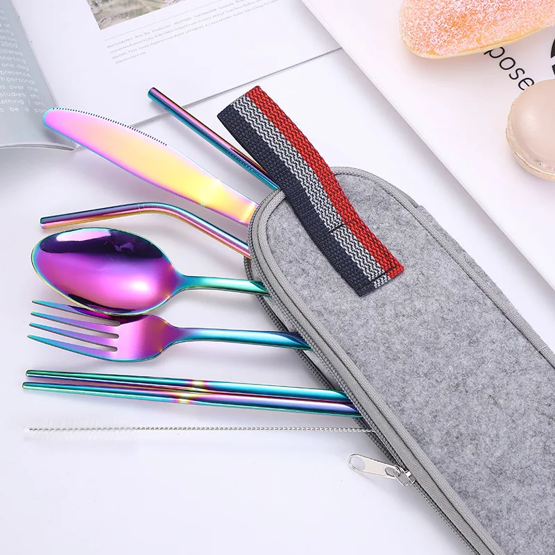 8pcs/set Portable Tableware Stainless Steel Set Silverware Travel Utensils  with Zipper Case Cutlery Set Straw Chopsticks Fork Spoon Set