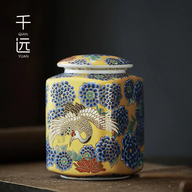 

Enamel colored tea can, filigree painted gold ceramic storage tank, household Chinese tea warehouse, bulk Pu'er sealed tank