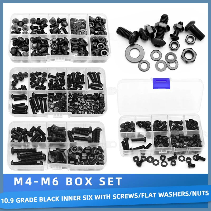10.9 Grade Black Hex Socket Head Cap Screws Kit with Washers & Nuts M4 M5 M6 Alloy Steel Bolt Assortment for Automotive, Machine