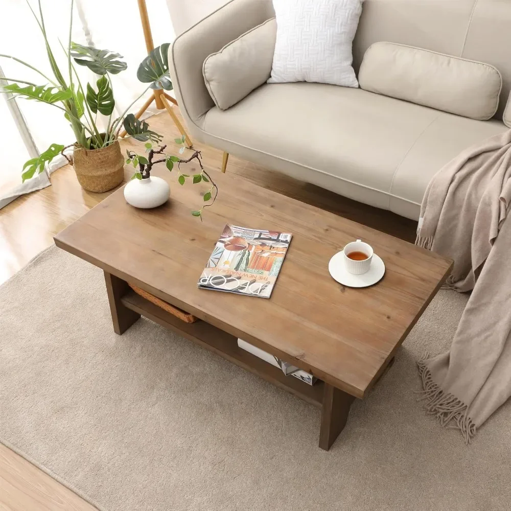 43.4” Wooden Coffee Tables for Living Room, Solid Firwood Tabletop Rectangle Coffee Table, Center Table for Living Room 6