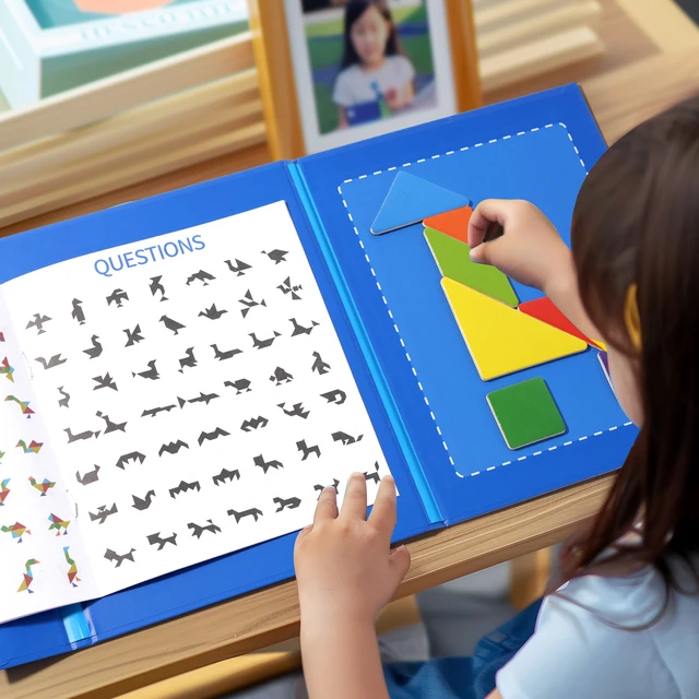 Montessori Wooden Jigsaw Magnetic Tangram Puzzle Book Educational Toys For Kid Learning Logical Game Geometric Shape Block 4