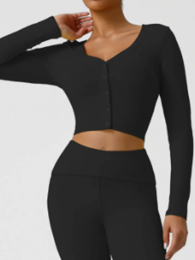 새로운 스레드 V넥 요가 셔츠 여성 단색 긴팔 버튼 스포츠 가디건 아우터 슬림핏 운동 러닝 티셔츠 탑