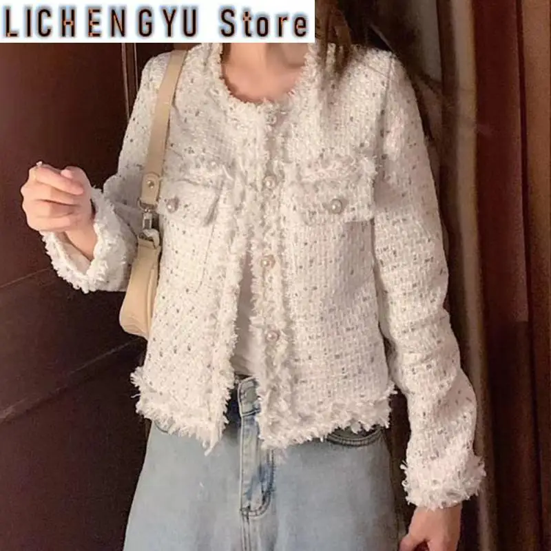 New Autumn Women Single-Breasted Tweed Woolen Coat Round Neck Long Sleeve Tassel Jacket Design High Quality