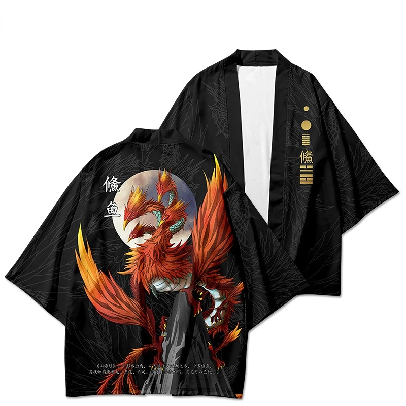 Oversized Beach Japanese Anime Bird Print Kimono Streetwear Men Women Cardigan Haori Harajuku Robe Plus Size 4XL 5XL 6XL